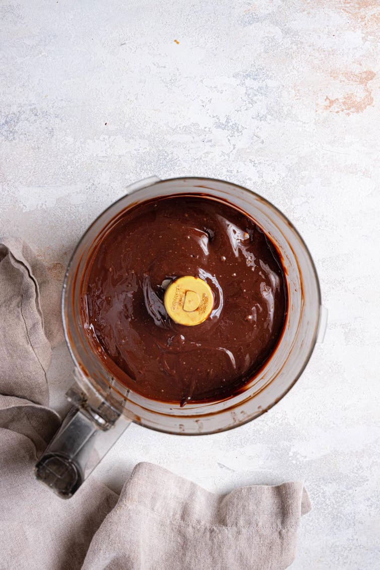 Chocolate ganache in a food processor.