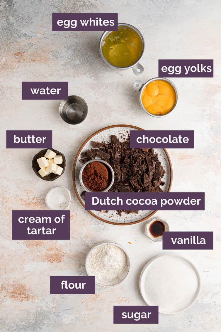 Ingredients for cake portion of Buche de Noel prepped and labeled.