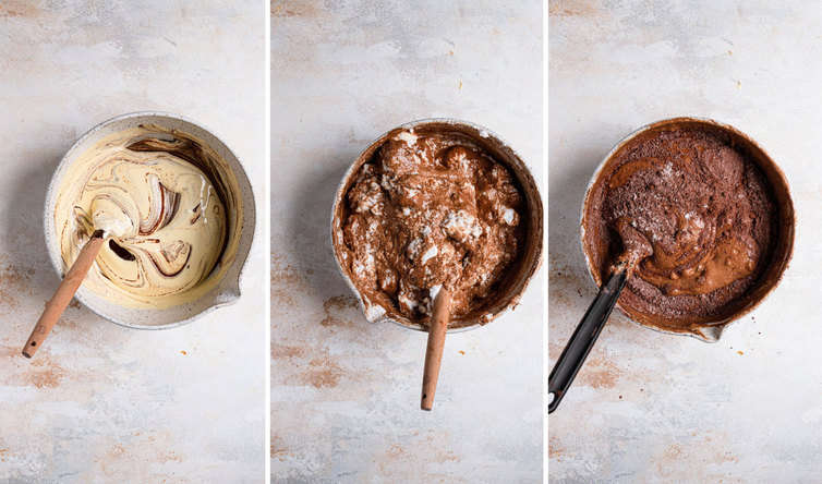 Final steps of mixing together chocolate sponge cake.