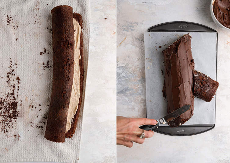 Buche de Noel filled and rolled up, then being iced with chocolate ganache.