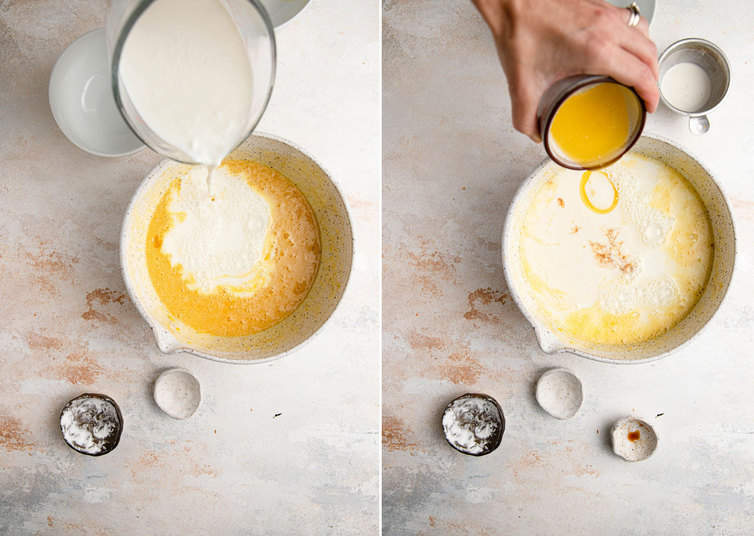 Completing mixing buttermilk pie filling.