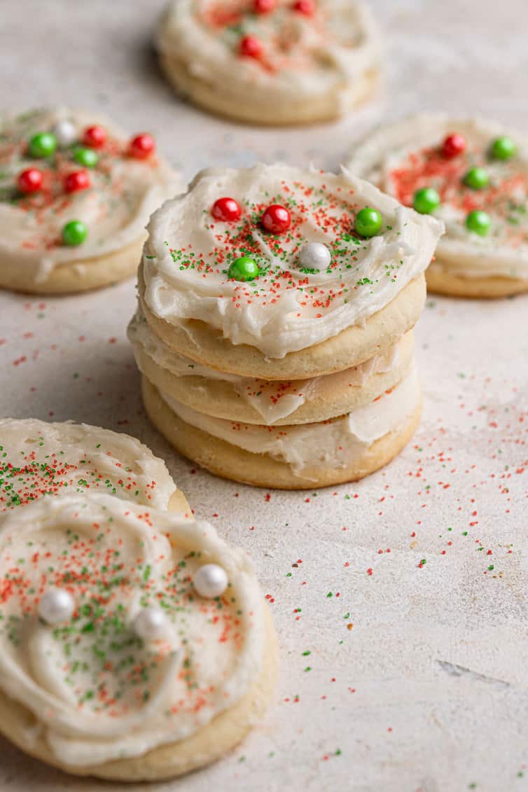 Lofthouse Cookies with white frosting and Christmas sprinkles.