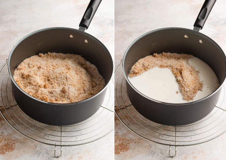 Stirring sugars and cream together in a saucepan.