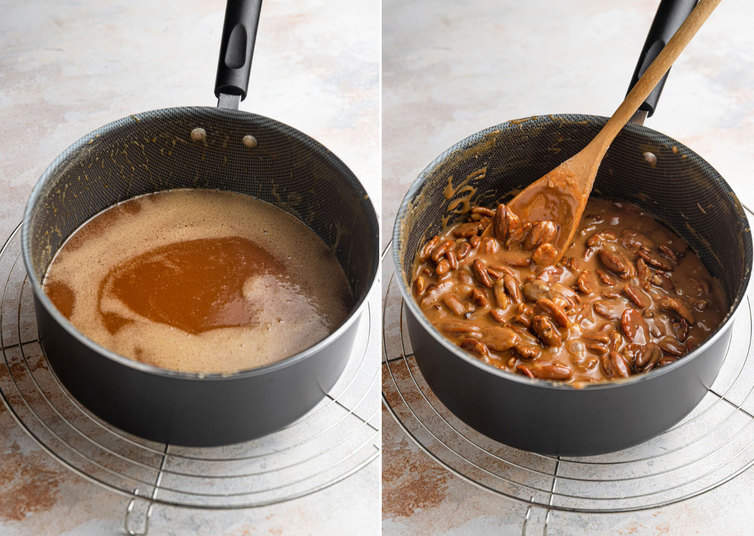 Making caramel and stirring in pecans.