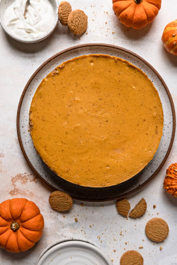 Overhead photo of baked pumpkin cheesecake.