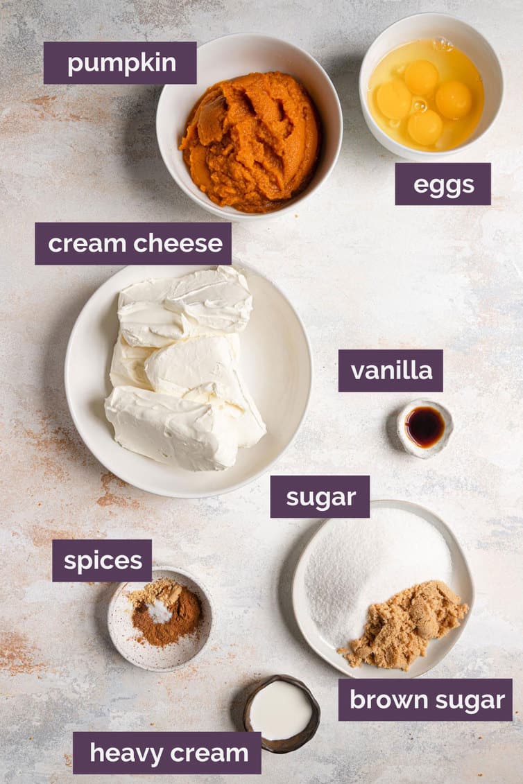 Ingredients for pumpkin cheesecake prepped and labeled.