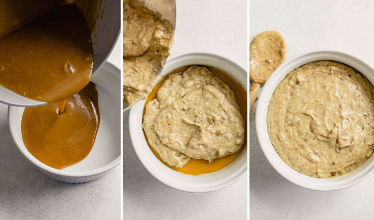 Pouring toffee and sticky pudding batter into souffle dish.