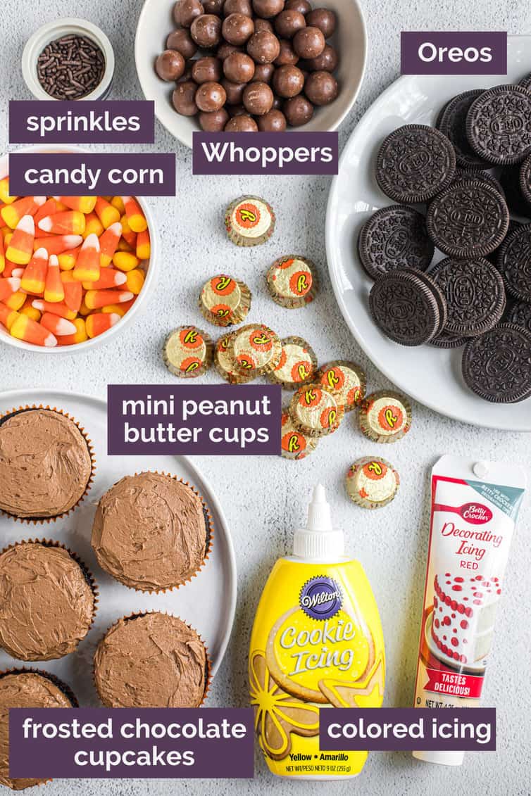 Supplies for turkey cupcakes laid out on the counter.