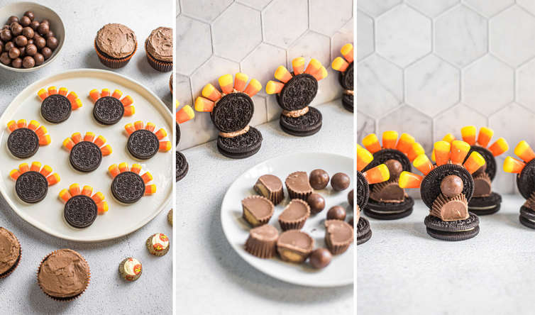 Step-by-step instructions for assembling turkey cupcakes.