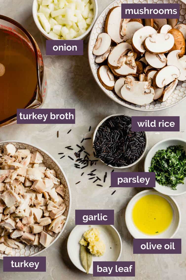 Ingredients for turkey wild rice soup prepped and labeled.
