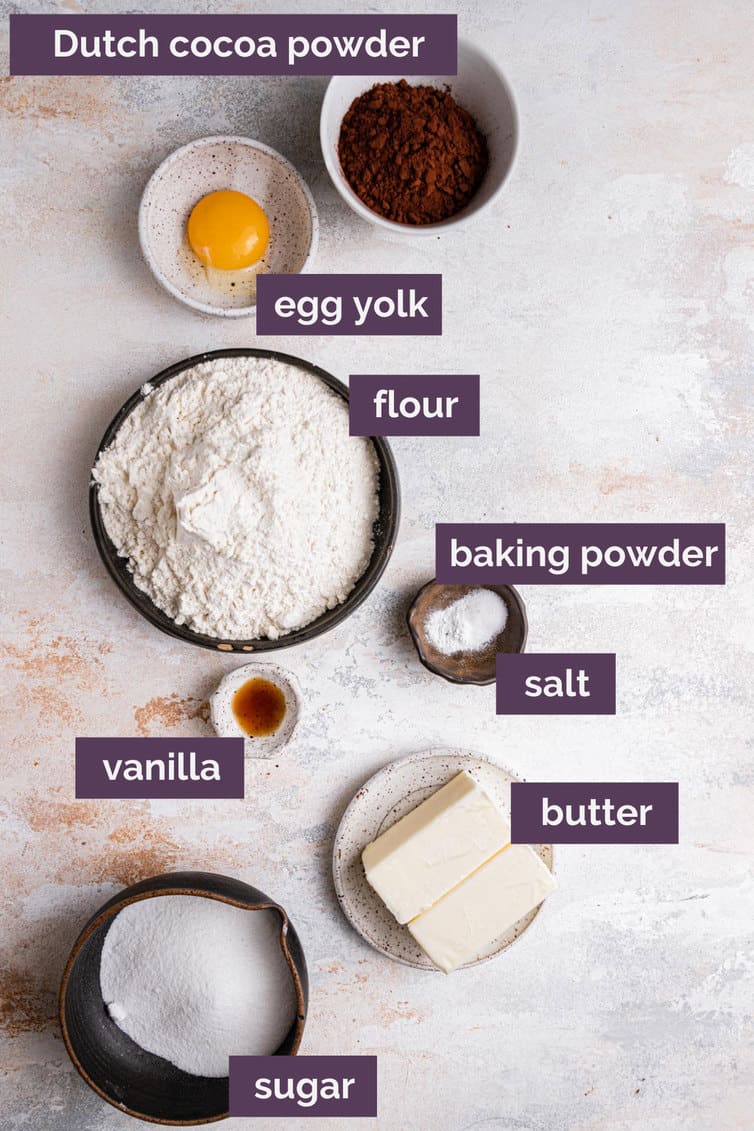 Ingredients for homemade Oreo cookies prepped and labeled.