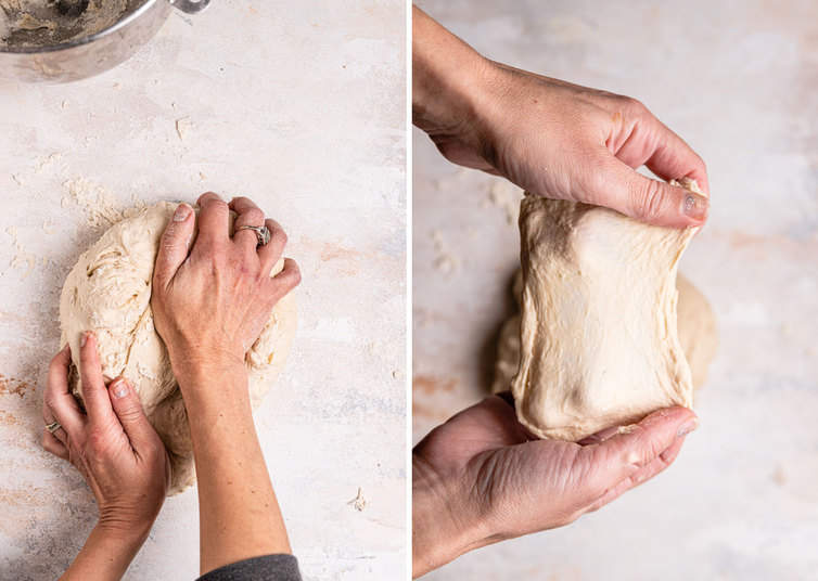 Kneading bagel dough by hand then performing a windowpane test.