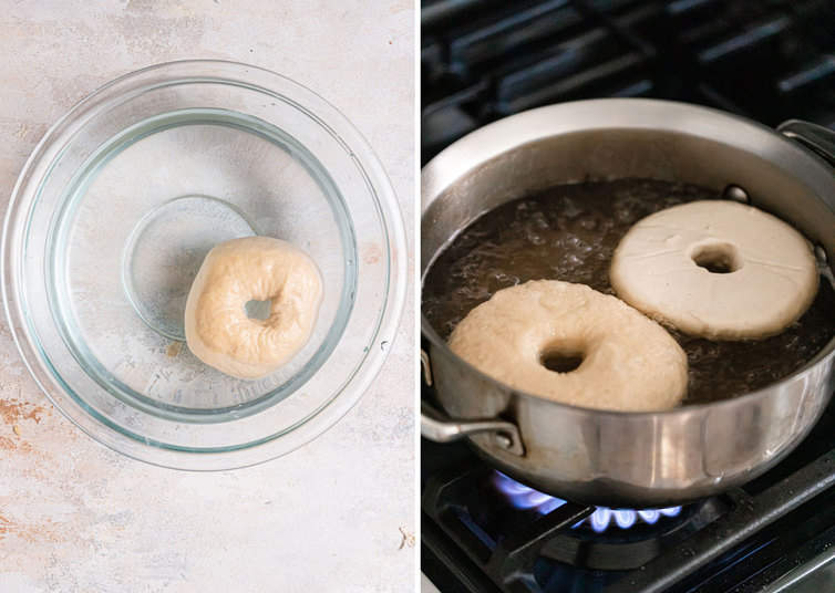A bagel in a bowl of water, then being boiled on the stovetop.