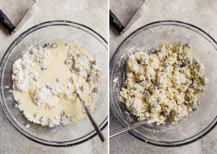 Side by side photos on the left buttermilk is added to the glass bowl with a spatula and on the right the buttermilk has been mixed into the scones dough.