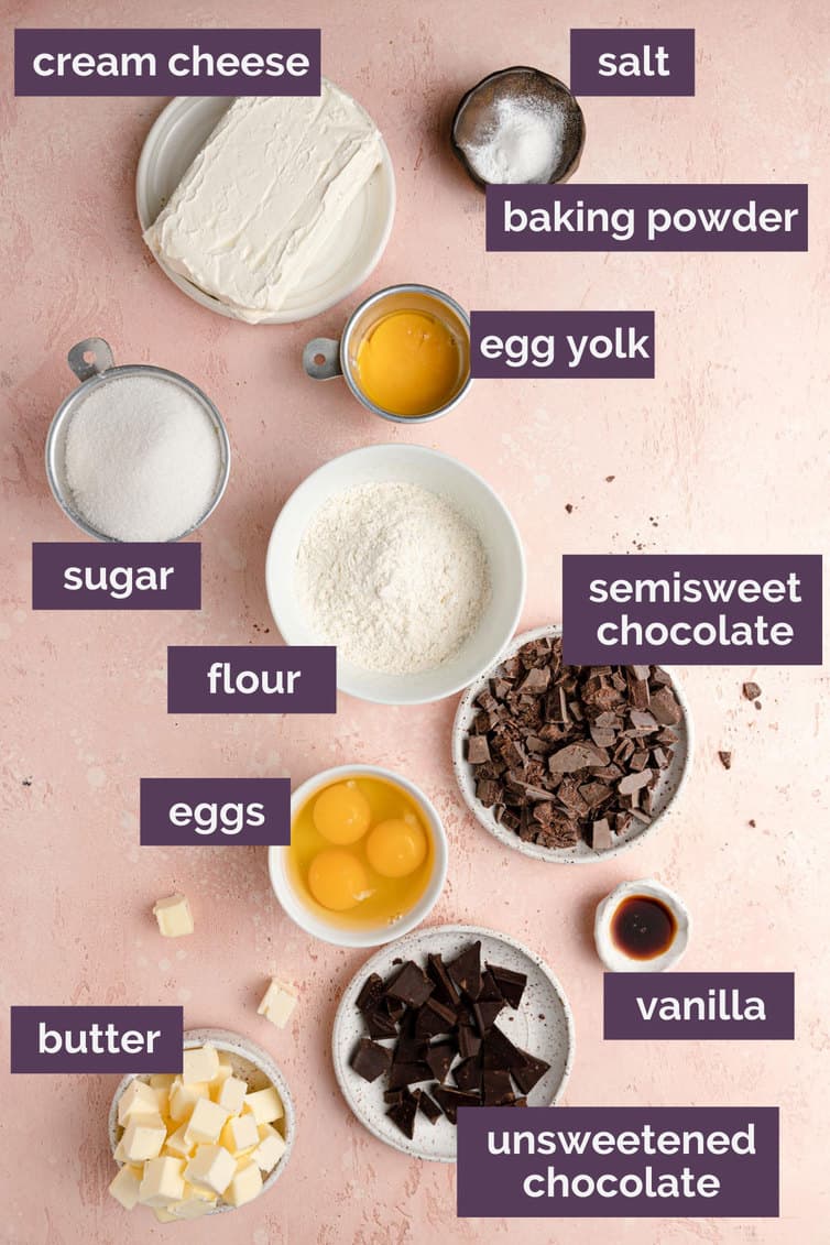 Ingredients for cheesecake brownies prepped and labeled.