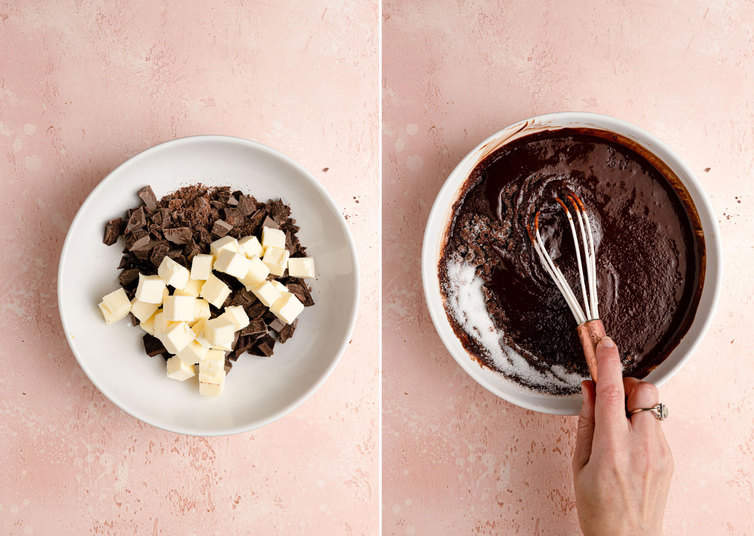 Melting butter and chocolate, then whisking in sugar.