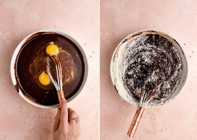 Whisking eggs into brownie batter, then folding in dry ingredients.