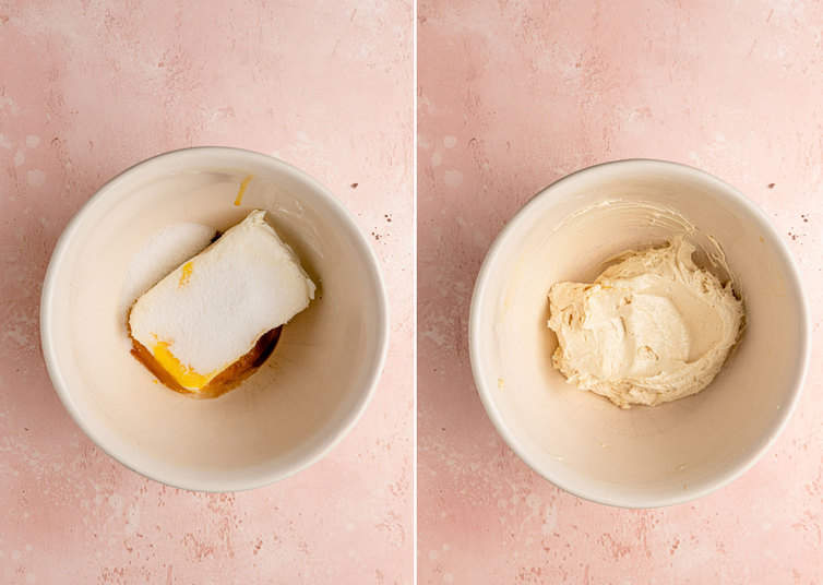 Cheesecake filling before and after mixing in a bowl.