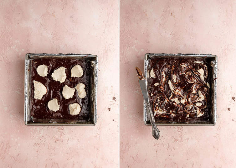 Overhead photos of cheesecake brownie batter being swirled.