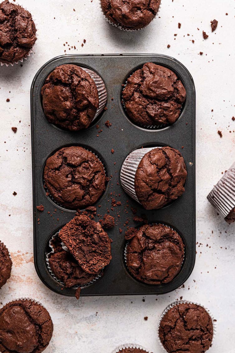 Overhead photo of chocolate muffins in a muffin tin.