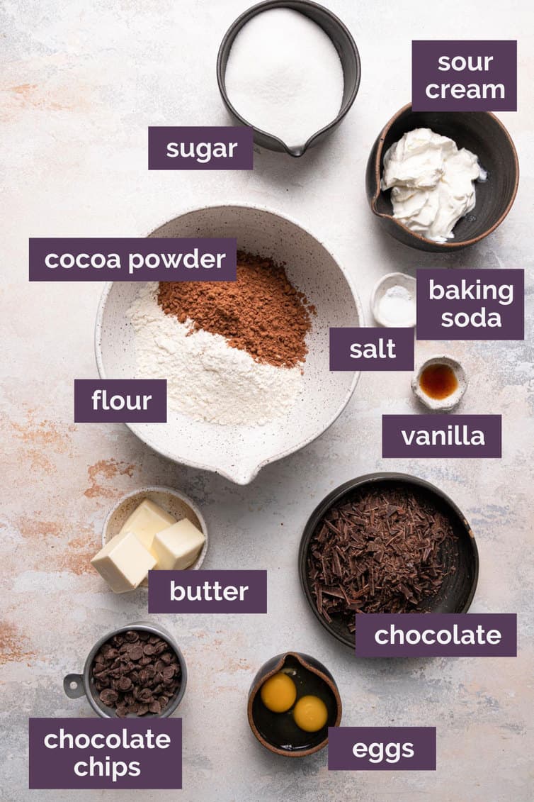 Ingredients for chocolate muffins prepped and labeled.