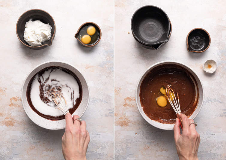 Whisking together melted chocolate and wet ingredients for chocolate muffins.
