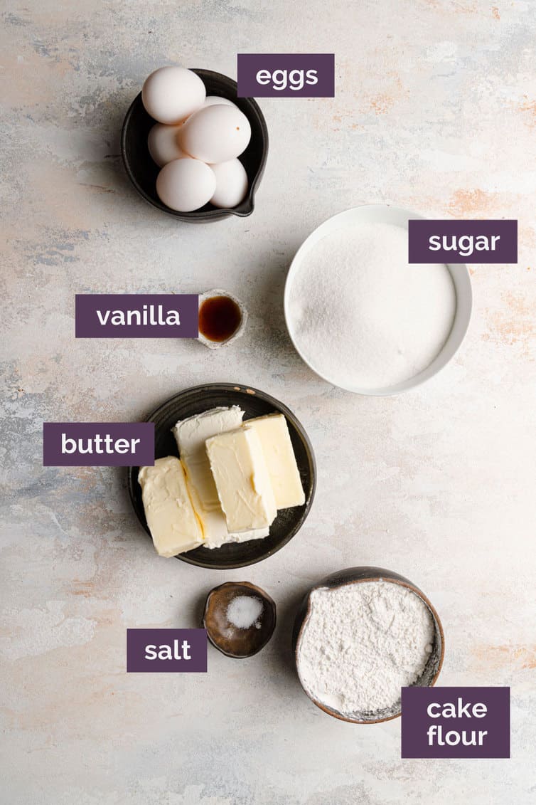 Ingredients for cream cheese pound cake prepped and labeled.