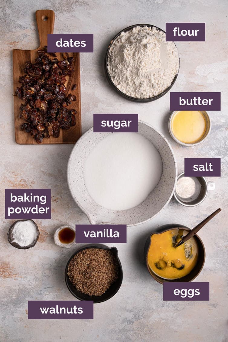 Ingredients for date bars, prepped and labeled.
