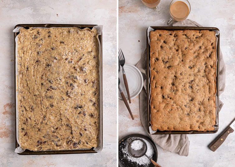 Date bar dough spread in pan, and then after baking.