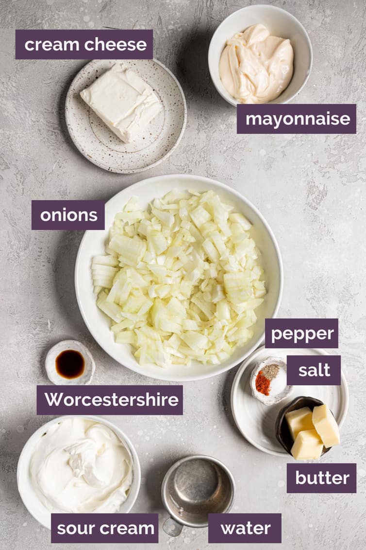 Ingredients for French onion dip prepped and labeled.