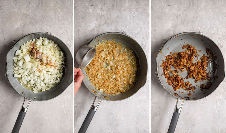 Step-by-step photos of caramelizing onions.