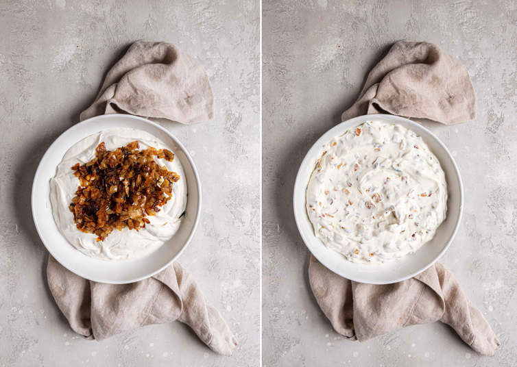 Stirring caramelized onions into a creamy dip base.