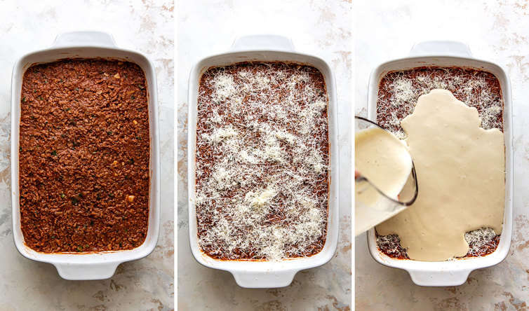 Photos of assembling moussaka and pouring bechamel on top.