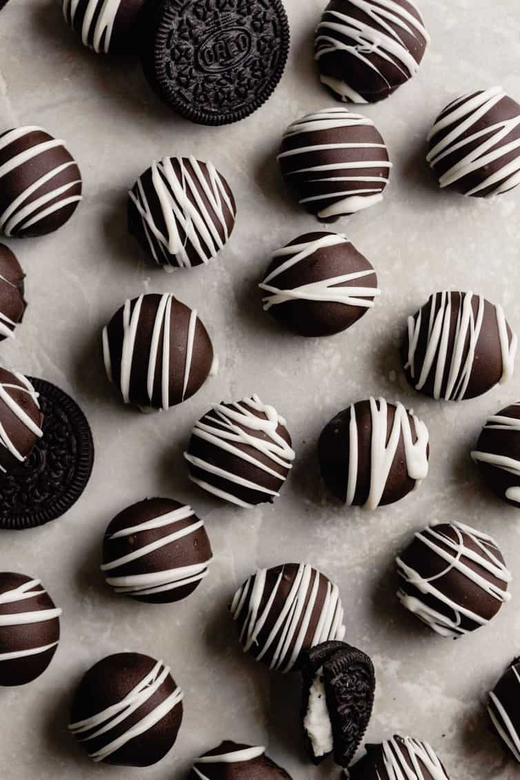 Overhead photo of Oreo truffles on a counter.