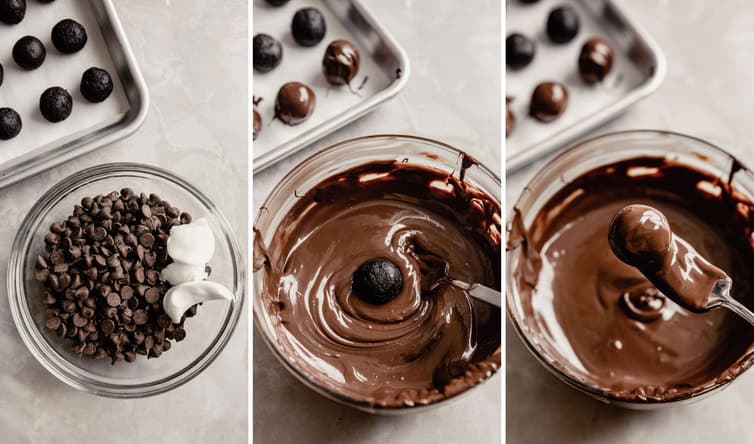 Step by step photos of dipping Oreo truffles in melted chocolate.