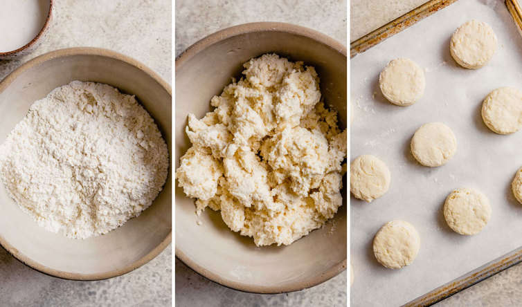 Three step photos of how to make biscuits with the flour mixture on the left, dough in a bowl in the middle, and biscuits on a baking sheet on the right.