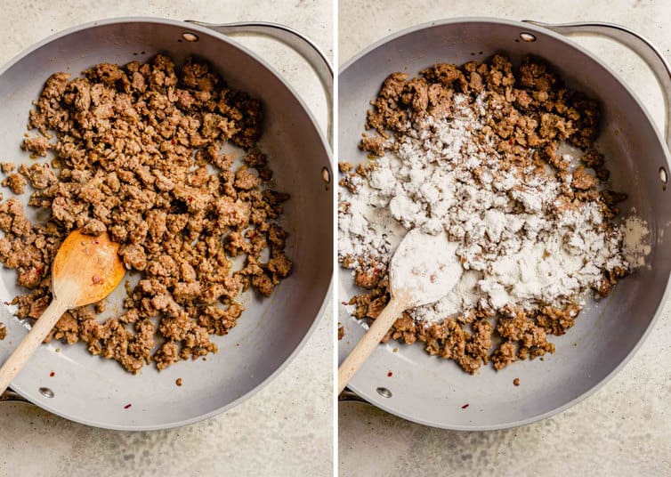Side by side photos of breakfast sausage in a pan with a wooden spoon on the left and the flour topping the sausage in a skillet with a spoon on the right.