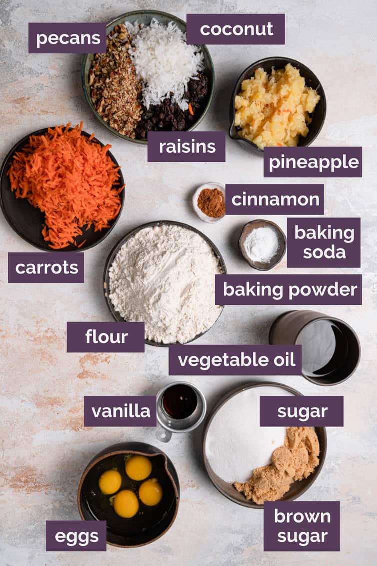 Ingredients for carrot cake prepped and labeled.