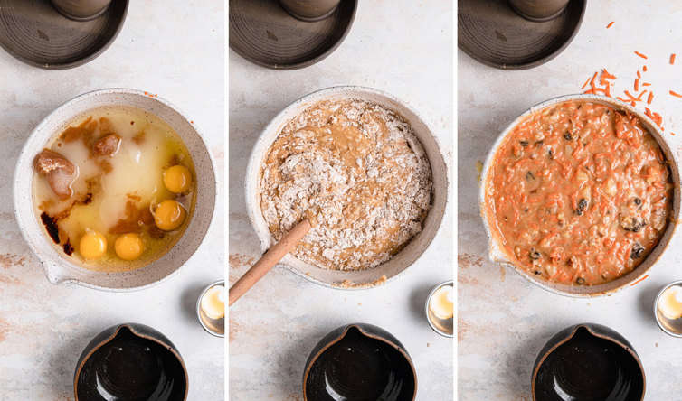 Step-by-step photos of mixing together batter for carrot cake.