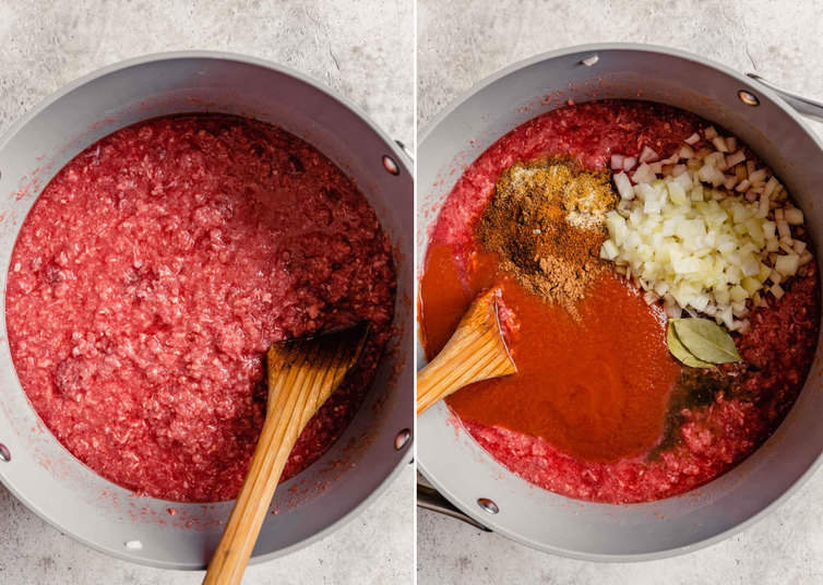 Mixing together all of the ingredients for Cincinnati chili in a big pot.