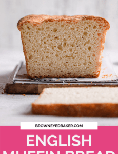 A front picture of a loaf of english muffin bread with a slice off and the inside of the bread exposed with a pink box at the bottom that says English Muffin Bread in white.