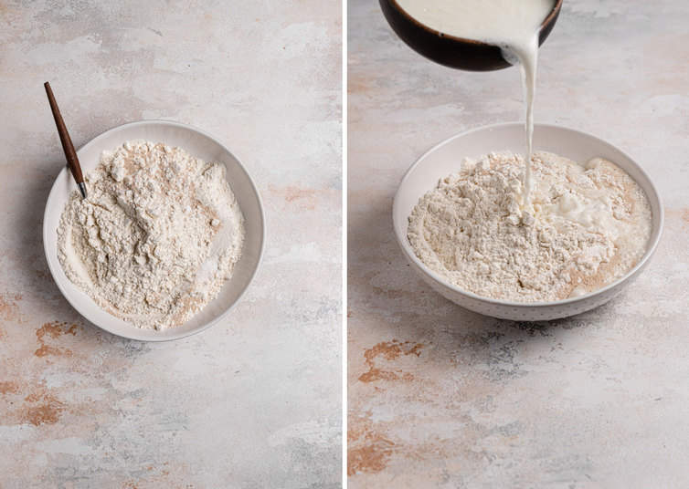 Side by side process photos on the left a white bowl the the dry ingredients and on the right the liquid ingredients being added to the dry.