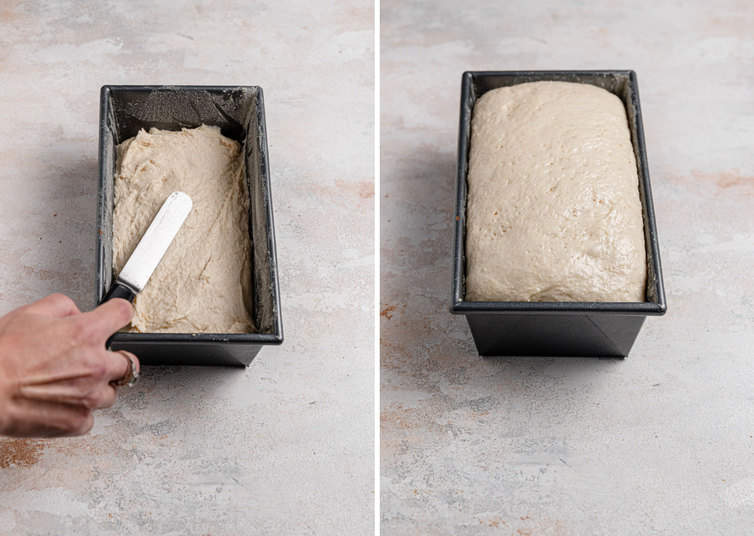 A side by side photo of the process shots on the left a hand levels the dough in a loaf pan and on the right the dough has doubled in size in the loaf pan.