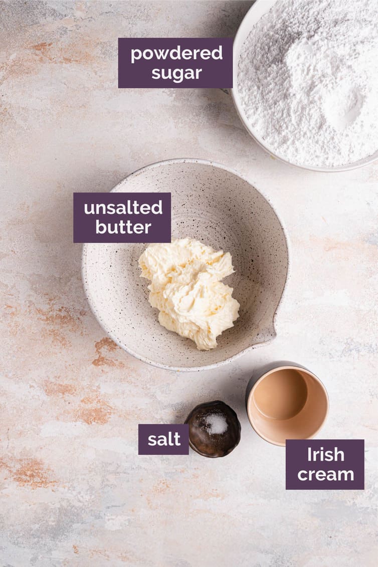 Ingredients for the Irish cream frosting in bowls.