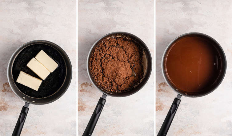 Three side by side pictures of the melted chocolate, the first shows butter melting in a pot, the second shows cocoa powder in the pot, and the third shows the melted mixture in the pan.