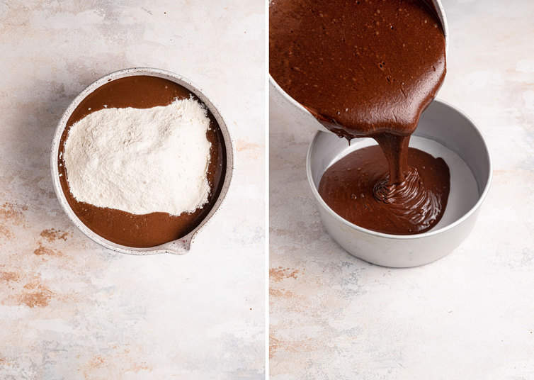 Two side by side pictures of the Guinness chocolate cake in cake pans.