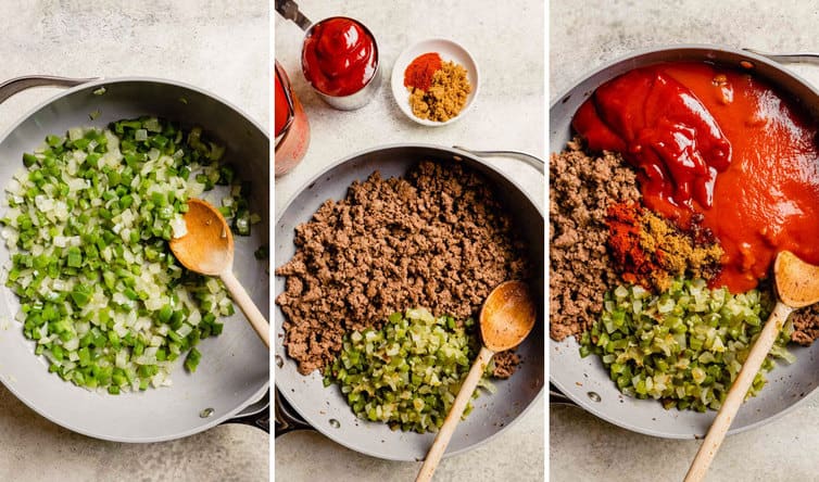 Step by step photos of the sloppy joe meat being made in a skillet with a wooden spoon.