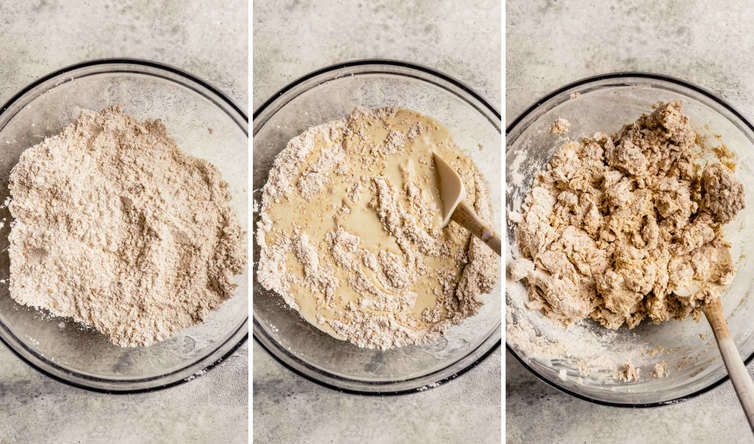 Three side by side photos of the making of Irish Brown Bread the first shows just the dry ingredients, the middle shows the dry ingredients topped with wet ingredients, and the third photo shows the dough in a bowl mixed with a wooden spoon.