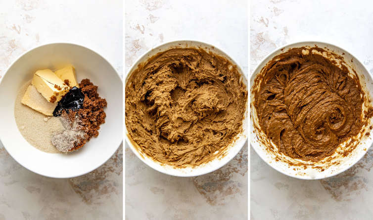 Three side by side photos of the steps to make the oatmeal cream pie batter.
