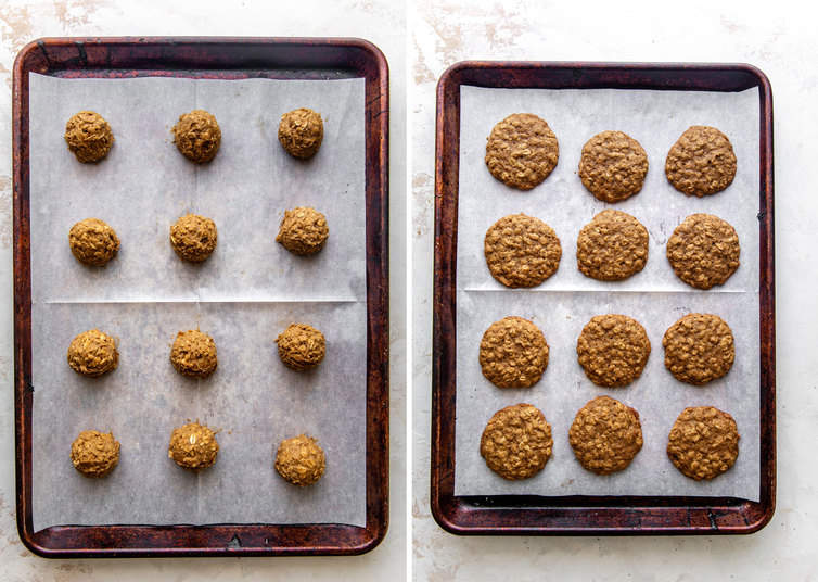 two side by side pictures of the cookie dough before baking on the left and after baking on the right.